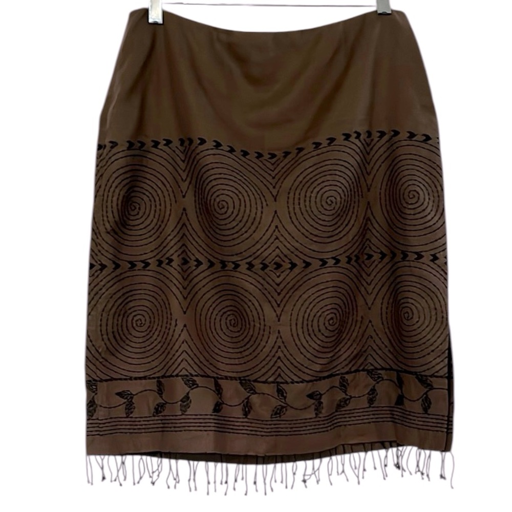 LINDA ALLARD ELLEN TRACY EMBROIDERED LINEN MIDI SKIRT CHOCOLATE BROWN SIZE 10